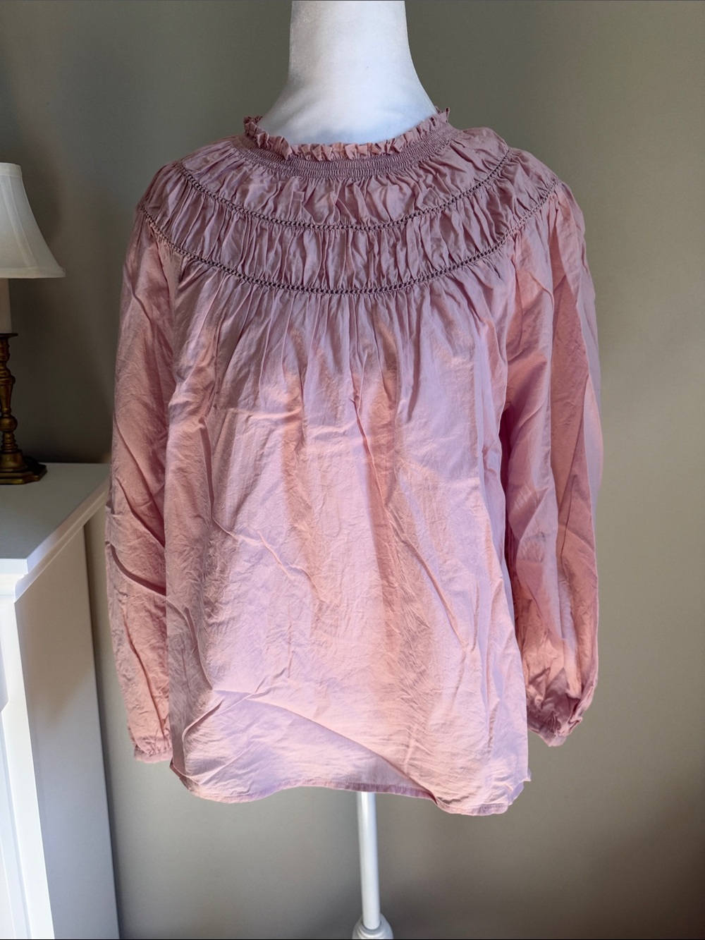 Madewell Dusty Pink Smocked Yoke Mock Neck Long-Sleeve Top, Sz M